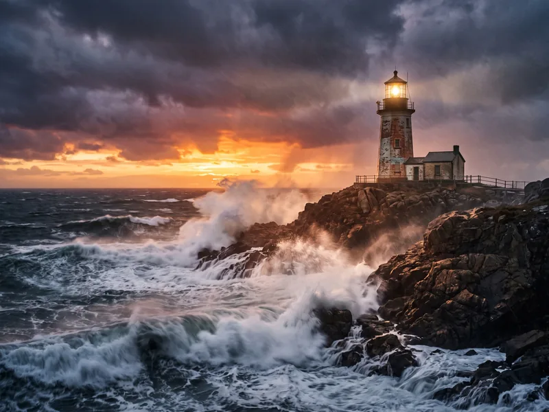 A lighthouse in a storm at sunset, big waves crashing on the rocks, photo