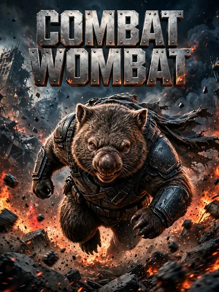 A movie poster titled "Combat Wombat": a wombat in armor charging out of a burning city