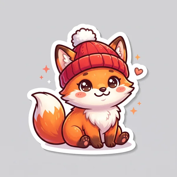 A sticker of a cute fox with a red hat